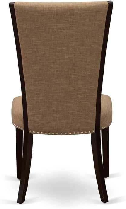 East West Furniture VEP3T47 Verona Modern Parson Chairs - Nailhead Trim Light Sable Linen Fabric Upholstered Dining Chairs, Set of 2, Mahogany