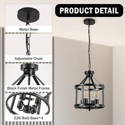 Black Farmhouse Chandelier, 4-Light Pendant Lights over Kitchen Island, Industrial Chandelier Ceiling Hanging Light Fixtures for Entryway Dining room Foyer Hallway Living Room, Adjustable Height