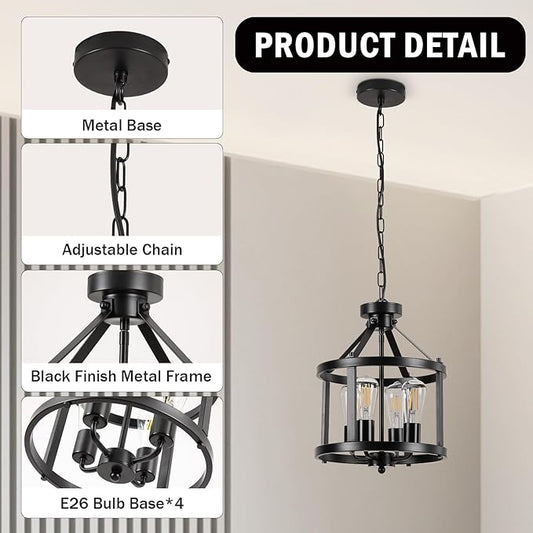 Black Farmhouse Chandelier, 4-Light Pendant Lights over Kitchen Island, Industrial Chandelier Ceiling Hanging Light Fixtures for Entryway Dining room Foyer Hallway Living Room, Adjustable Height