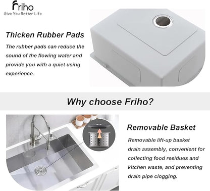 Friho 33x22 Drop in Kitchen Sink, Top Mount Commercial Handmade 18 Gauge Single Bowl Stainless Steel Sink with Basket Strainer