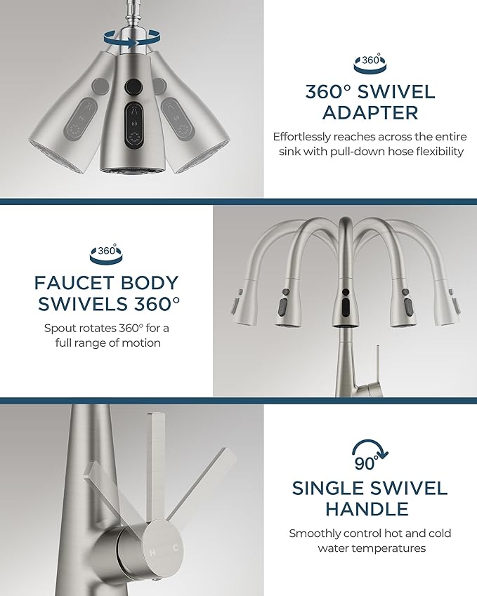 FORIOUS Kitchen Faucet with Soap Dispenser, Pull Down Sprayer, Brushed Nickel Modern High Arc Stainless Steel Faucet for Kitchen Sink, Single Handle for 1 or 3 Hole Decks RV Bar Farmhouse Laundry