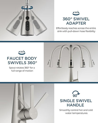 FORIOUS Kitchen Faucet with Soap Dispenser, Pull Down Sprayer, Brushed Nickel Modern High Arc Stainless Steel Faucet for Kitchen Sink, Single Handle for 1 or 3 Hole Decks RV Bar Farmhouse Laundry