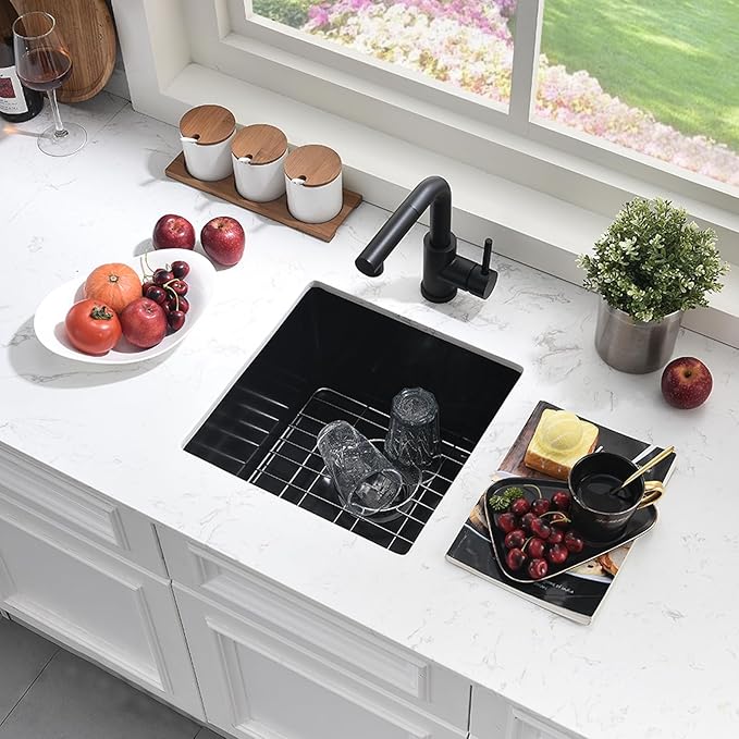 Black Bar Sink Undermount,16x16 Inch Small Wet Bar Sink Granite Composite Single Bowl Quartz Outdoor Rv Sink for Home Kitchen, Sink with Faucet Combo