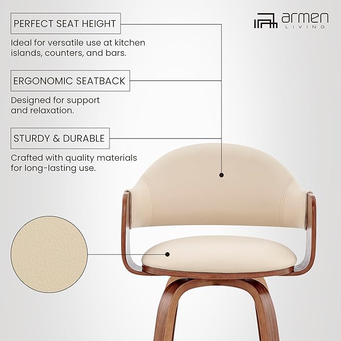 Armen Living Daxton Mid Century Modern Swivel Bar Stool for Kitchen Island Counter in Cream Faux Leather and Walnut Wood, 26" Seat Height