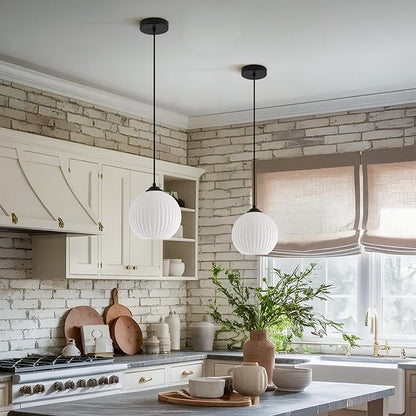 Mid Century Milk Glass Pendant Light Fixture Antique Brass Kitchen Pendant Light Ribbed Glass Ceiling Light Small Globe Pendant Lamp Vintage Gold Pendant Lighting (2 Pack)