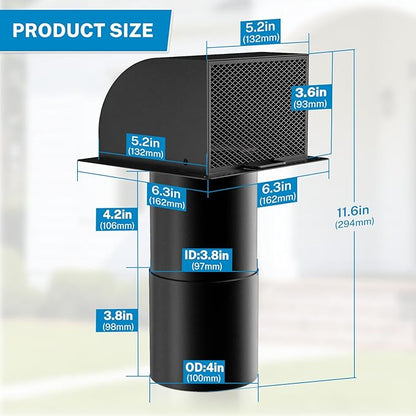 [Upgraded] Hon&Guan 4 Inch Hooded Wall Vent with Magnetic Flap and Removable Mesh, Dryer Vent Cover Outside Arc-Shaped 4'' Exhaust Vent for Dryer/Bathroom/Kitchen Range Hood(Galvanized Steel, Black)