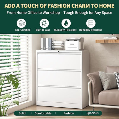 3 Drawer Lateral File Cabinet with Lock, Metal File Cabinets for Home Office, Office Furniture for Organization Hanging Legal/Letter/A4, Metal Filing Cabinet Storage Cabinet, Require Assembly, White