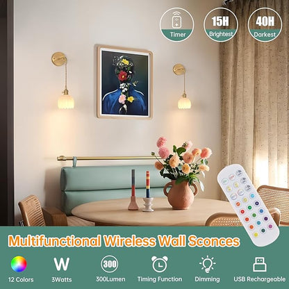 Shenmoyl Battery Operated Wall Sconce with White Tulip Shade Pattern Glass Adjustable Chain Retro Gold Wall Mounted Light, Modern Wall Lamp Fixtures Decor for Bedside Bedroom Indoor Doorway，Set of 2