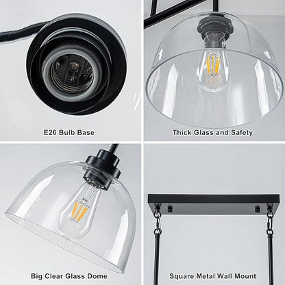 GoYeel 39.37" Kitchen Island Lighting, Large Dining Room Chandelier Over Table Black Pendant Lights Kitchen Island with 3 Big Clear Glass Dome,Height Adjustable,E26 Base