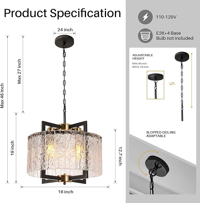 Black Chandeliers for Dining Room,16" Modern Water Ripple Glass Chandelier, Adjustable Height, Elegant Round Crystal Pendant Light Fixture for Kitchen Island Foyer Entryway