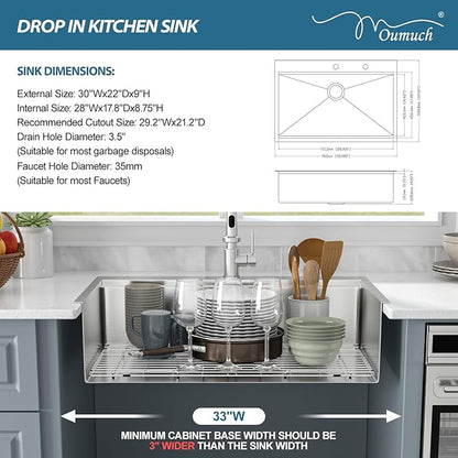 30 Drop In Kitchen Sink - Oumuch 30x22 Inch Kitchen Sinks Stainless Steel Single Bowl 16 Gauge Over Counter Topmount Sink Basin with Drain Assembly