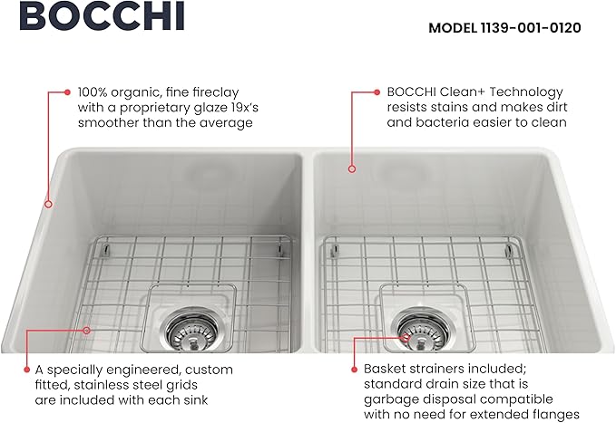 BOCCHI Classico Farmhouse Apron Front Fireclay 33 in. Double Bowl Kitchen Sink with Protective Bottom Grid and Strainer in White