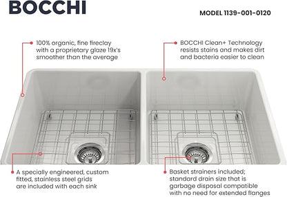 BOCCHI Classico Farmhouse Apron Front Fireclay 33 in. Double Bowl Kitchen Sink with Protective Bottom Grid and Strainer in White