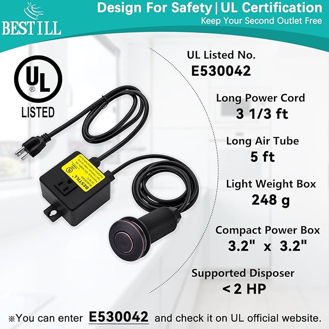 BESTILL Sink Top Garbage Disposal Air Switch Kit - Professional, UL Listed Single Outlet Long Push Button with Brass Cap, Oil Rubbed Bronze/ORB