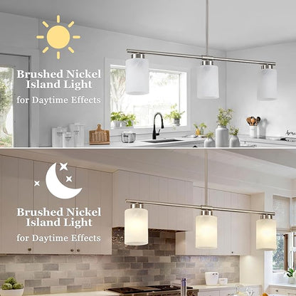 3-Light Kitchen Island Lighting Brushed Nickel Dining Room Light Fixture with Milk Glass Shade 31" Modern Linear Chandelier Adjustable Hanging Pendant Lighting Over Island Dining Table Living Room，E26
