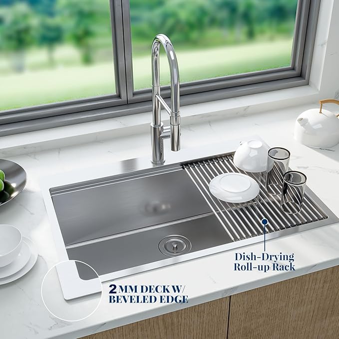 GarveeTech Kitchen Sinks,33×22×10 inch Workstation Drop-In Kitchen Sink – Brushed Stainless Steel, Deep 10 inch Single Bowl, Heavy-Duty Rim, Grid & Drain Assembly