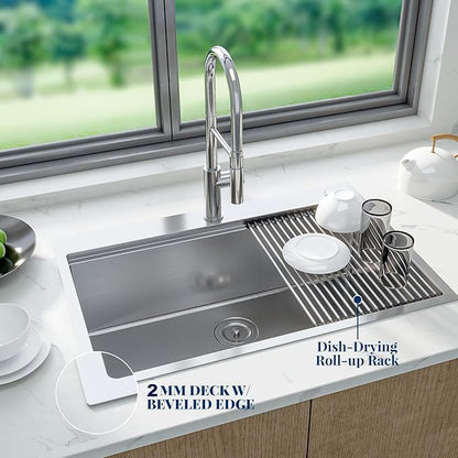 GarveeTech Kitchen Sinks,33×22×10 inch Workstation Drop-In Kitchen Sink – Brushed Stainless Steel, Deep 10 inch Single Bowl, Heavy-Duty Rim, Grid & Drain Assembly