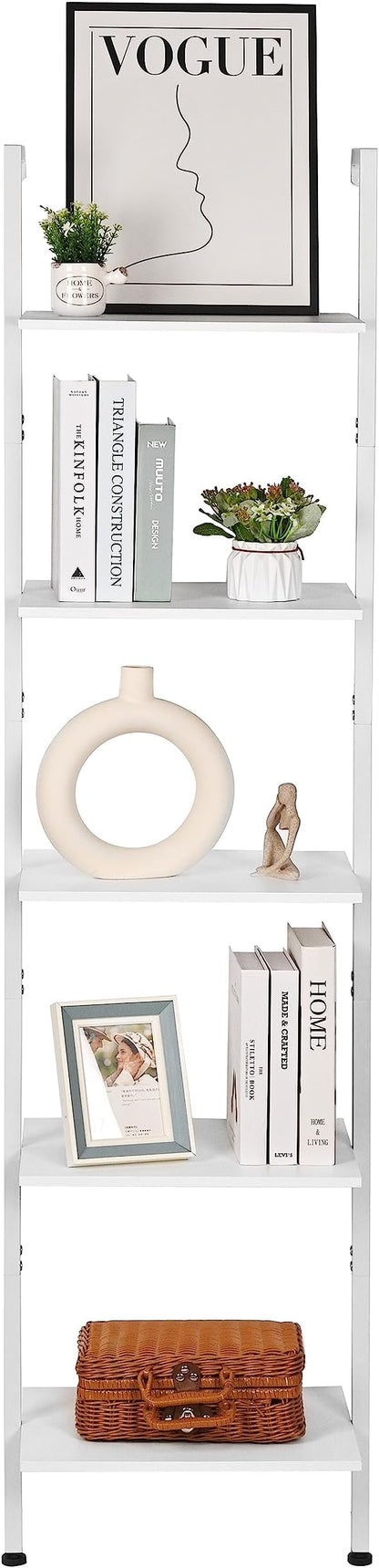ELYKEN Ladder Shelf, White 5-Tier Wood Wall Mounted Bookshelf with Metal Frame, Modern Open Display Organizer Rack, Leaning Storage Shelves for Living Room, Bedroom, Home Office