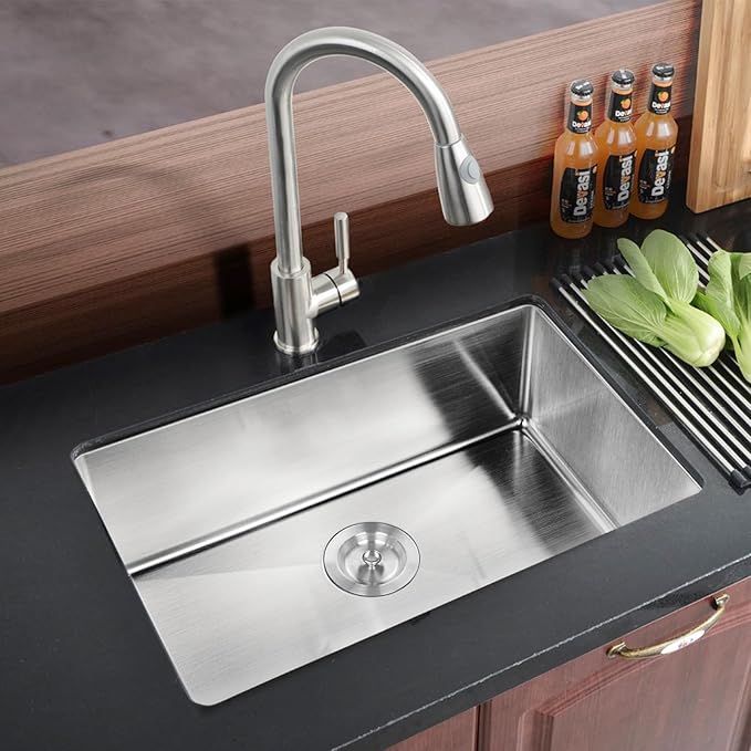 28 Inch Undermount Kitchen Sink, 28 x 18 Stainless Steel 16 Gauge 9 Inch Deep Single Bowl Basin Commercial Outdoor Kitchen Sink with Strainer