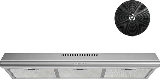 FIREGAS Under Cabinet Range Hood 36 inch with Ducted/Ductless Convertible, Slim Kitchen Vent Hood, LED Light, 3 Speed Exhaust Fan, Reusable Aluminum Filter, Push Button,Charcoal Filter