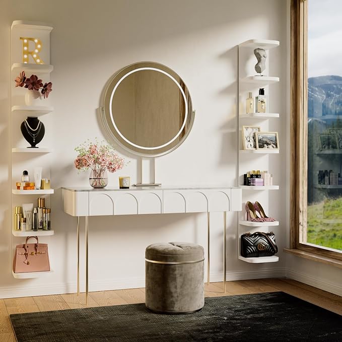 7 Tier Wall Shelf Unit White Floating Shelves for Wall, Decorative Lack Shelf for Storage Curved Edges, Tall Vertical Display Shelf for Bedroom, Vanity, Living Room, Book Shelves