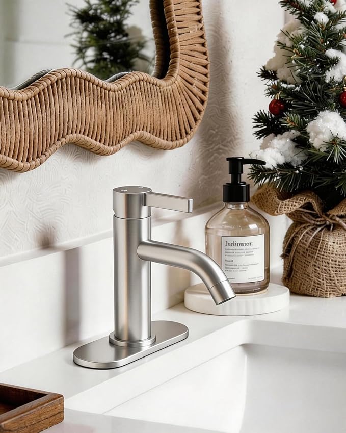 Fransiton Brushed Nickel Bathroom Faucet Single Hole with Pop-Up Bathroom Drain and Flexible Hoses Single Handle Bathroom Sink Faucet w/Deck Plate(1 or 3 Hole) for Vanity Sinks, RV, Farmhouse