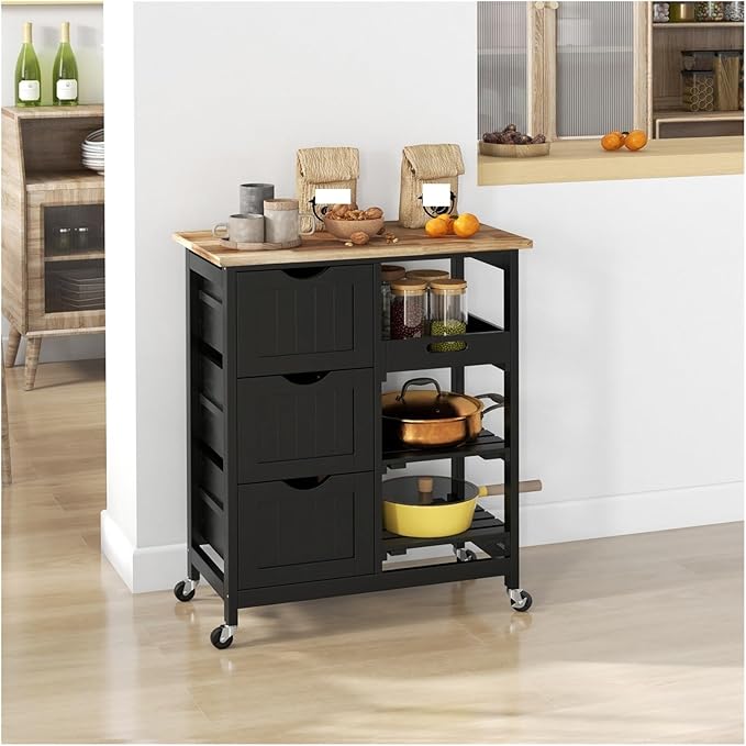 Rolling Kitchen Island Cart, Compact Trolley On Wheels with Top, Shelves & Drawers for Home Dining Area, Black,Multi-Purpose