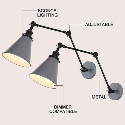 JONATHAN Y 7" Gray/Black Classic Industrial Metal Adjustable Arm LED Wall Sconce for Bedside Reading, Farmhouse Swing Arm Wall Lamp with Metal Shade, Hardwired (JYL7462H-SET2)