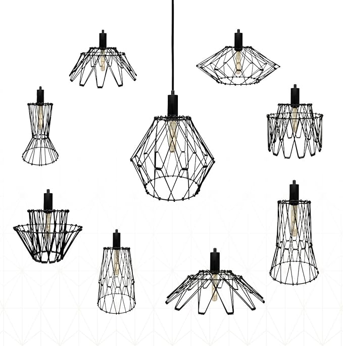 Royal Designs, Inc. Foldable Industrial Metal Pendant Light with Adjustable 7 ft Long Lamp Cord & Canopy, Create 9 Different Shapes, Black, Single