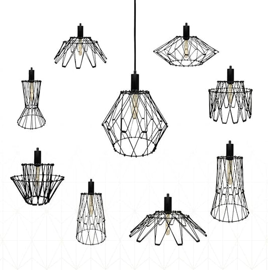 Royal Designs, Inc. Foldable Industrial Metal Pendant Light with Adjustable 7 ft Long Lamp Cord & Canopy, Create 9 Different Shapes, Black, Single