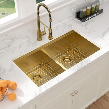 Sarlai 33 Inch Gold Undermount Kitchen Sink Double Bowl 33 x 19 Inch Low Divided Gold Workstation Double Kitchen Sink Stainless Steel 16 Gauge 50/50 Sinks Basin