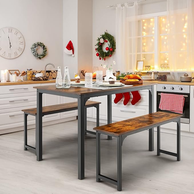 Giantex Dining Table Set for 4, Industrial Kitchen Table Set w/ 2 Benches, Space-Saving Dinette Set for Breakfast Nook, Dining Room, Kitchen, Easy Assembly (Mix Brown)
