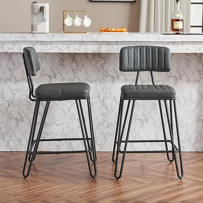 Industrial Stools Set of 2 Fabric+Metal Grey Vintage Industrial Design Kitchen Island & Dining Room Seating Durable & Comfortable