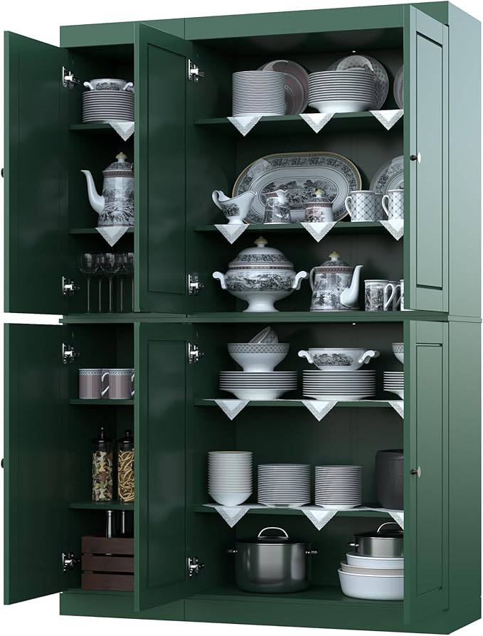 Palace Imports Solid Wood Kitchen Pantry Cabinet 71.5" Tall, 48.5" Wide – Freestanding Storage Cupboard with Adjustable Shelves – Green, Renewable Eco-Friendly 100% Wood, Made in Brazil