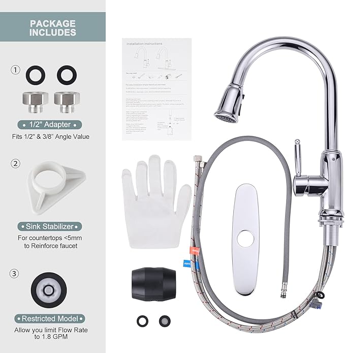 WOWOW Chrome Kitchen Faucet with Sprayer: 304 Stainless Steel Kitchen Sink Faucet for 1 or 3 Hole, High Arc Single Handle Mixer Taps with Deck Plate, Vintage Style