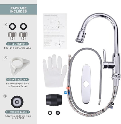 WOWOW Chrome Kitchen Faucet with Sprayer: 304 Stainless Steel Kitchen Sink Faucet for 1 or 3 Hole, High Arc Single Handle Mixer Taps with Deck Plate, Vintage Style