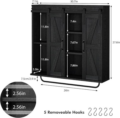 RUSTOWN Rustic Wood Wall Storage Cabinet with Two Sliding Barn Door, 3-Tier Decorative Farmhouse Vintage Cabinet for Kitchen Dining, Bathroom, Living Room,Black