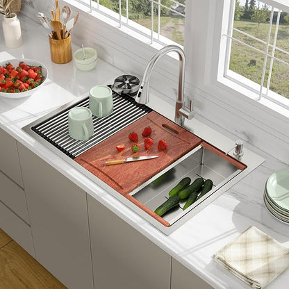 33 Drop In Kitchen Sink - Beslend 33x22 Kitchen Sink Drop In Workstation with Faucet, Stainless Steel Sinks and Soap Dispenser Topmount 16 Gauge Single Bowl Above Counter Dish Basin 9" Deep