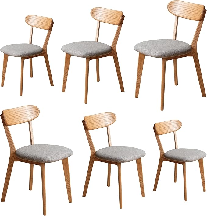 Solid Wood Dining Chairs Set of 6, Curved Back with Padded Seat, Mid-Century Modern Style, Heavy Duty 400 lbs Capacity, Natural Oak Chairs for Dining Room, Kitchen, Office or Commercial Use