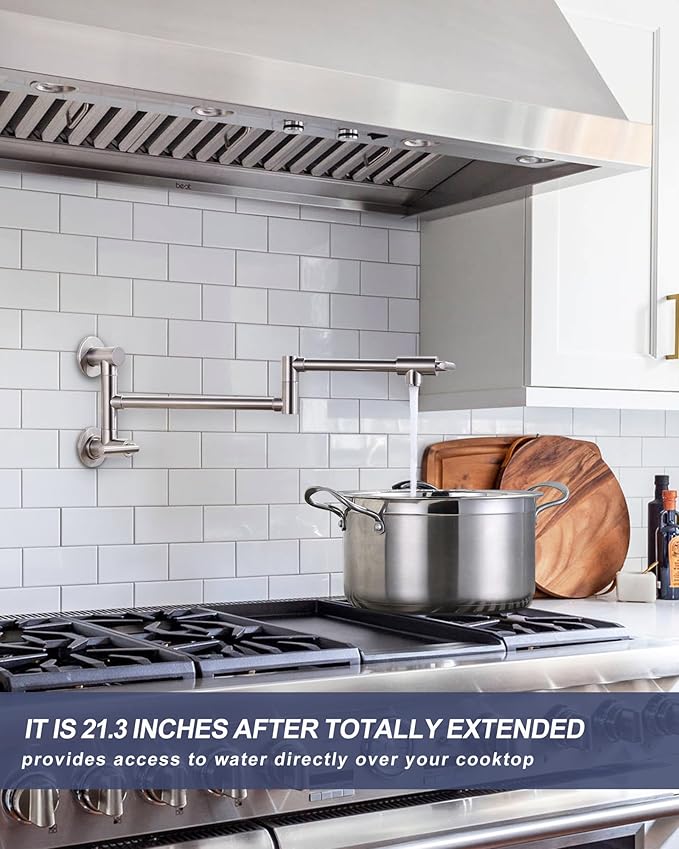 Pot Filler Faucet Brushed Nickel: WOWOW Single Hole Wall Mount Stove Faucet, Brass Pot Filler Two Attachment with Double Joint Swing Arms