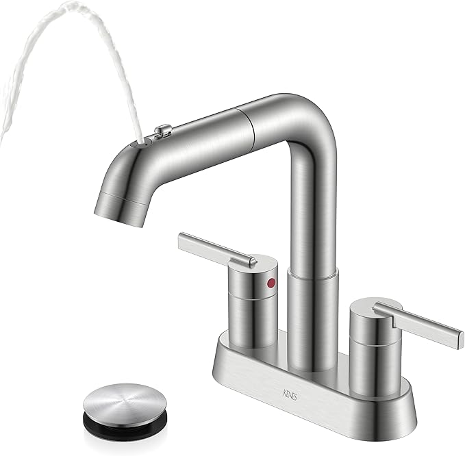 KENES Pull Down Bathroom Faucet with Sprayer, Brushed Nickel 4 Inch 2 Handle Centerset Bathroom Faucets 3 Hole with Pull Out Sprayer, Vanity Faucet with Pop Up Drain & Supply Lines LJ-9059A