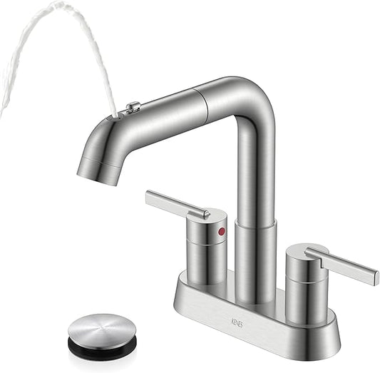 KENES Pull Down Bathroom Faucet with Sprayer, Brushed Nickel 4 Inch 2 Handle Centerset Bathroom Faucets 3 Hole with Pull Out Sprayer, Vanity Faucet with Pop Up Drain & Supply Lines LJ-9059A
