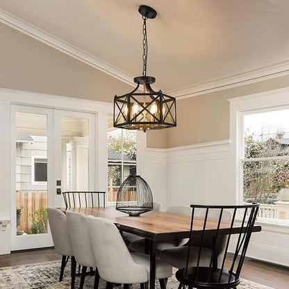 6-Light Black and Brushed Gold Pendant Light, Modern Farmhouse Chandeliers for Dining Room, Adjustable Metal Cage Hanging Light, Vintage Geometric Pendant Lighting for Kitchen Entryway Foyer