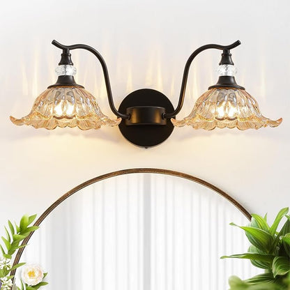 Vintage Bathroom Vanity Light Fixtures - 2 Light Antique Matte Black Bathroom Lights Fixture Over Mirror with Amber Flower Glass,Retro High End Wall-Mounted Vanity Lighting for Bath Powder Room