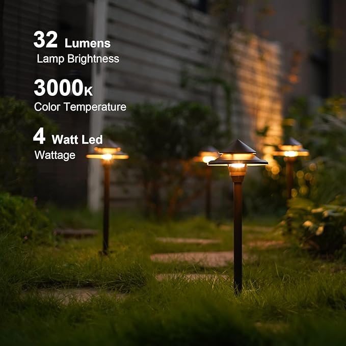 GOODSMANN Low Voltage Landscape Lighting 8PK LED Path Lights Oil Rubbed Bronze 4W 32 Lumen Hardwired 2 Tier Pagoda Landscape Pathway Lights 3000K Warm White Metal Stakes Cable Connectors