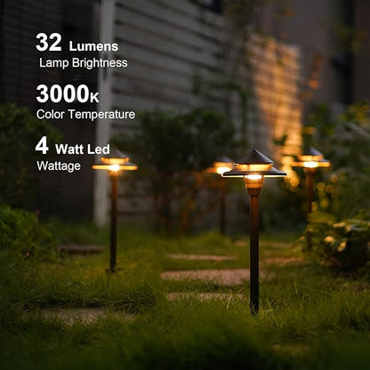 GOODSMANN Low Voltage Landscape Lighting 4PK LED Path Lights Oil Rubbed Bronze 4W 32 Lumen Hardwired 2 Tier Pagoda Landscape Pathway Lights 3000K Warm White Metal Stakes Cable Connectors
