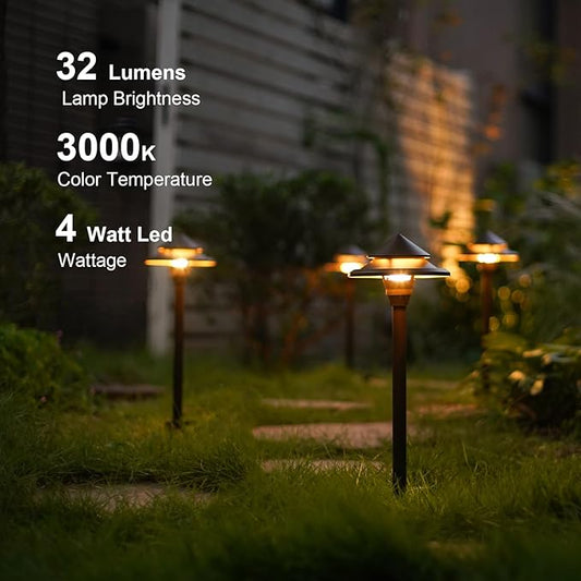 GOODSMANN Low Voltage Landscape Lighting 4PK LED Path Lights Oil Rubbed Bronze 4W 32 Lumen Hardwired 2 Tier Pagoda Landscape Pathway Lights 3000K Warm White Metal Stakes Cable Connectors