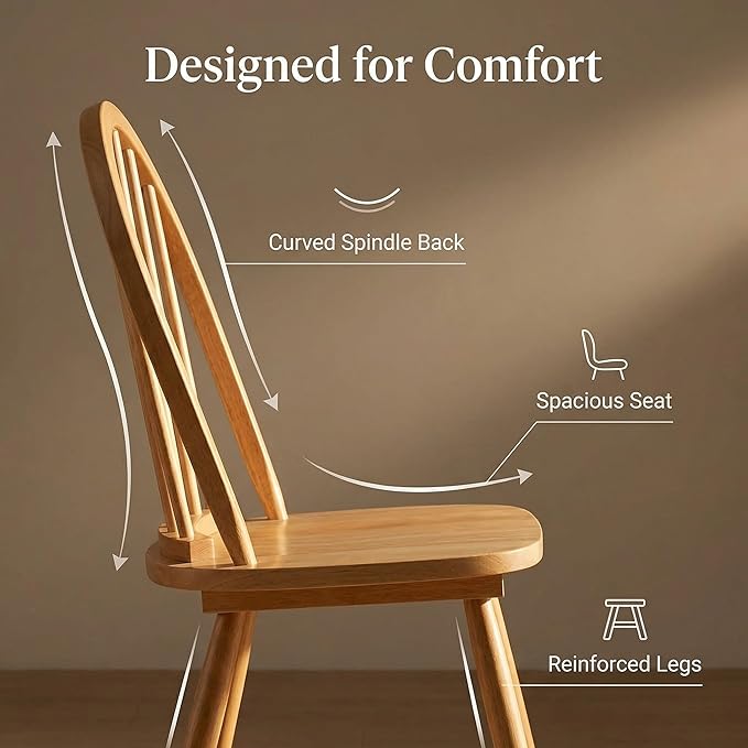 SIMOE Windsor Dining Chairs Set of 2, Farmhouse Kitchen Chairs with Solid Wood Legs, Spindle Back, Wooden Armless Dining Room Chairs for Kitchen, Dining Room, Oak