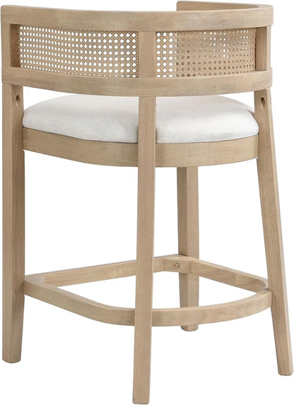 Set of 2 Upholstered Arm Counter Stools with Solid Rubberwood Frame & Natural Rattan Caned Back,Soft Padded Seating,Transitional Farmhouse Chairs for Kitchen Island Dining Room,25.5" H Natural Ash