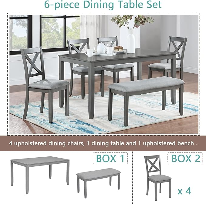 6-Piece Kitchen Dining Set, Rectangular Wooden Dining Table with 4 Upholstered Chairs and 1 Bench, Modern Dining Table Set for 6 People for Dining Room, Home Bar and Kitchen, Gray